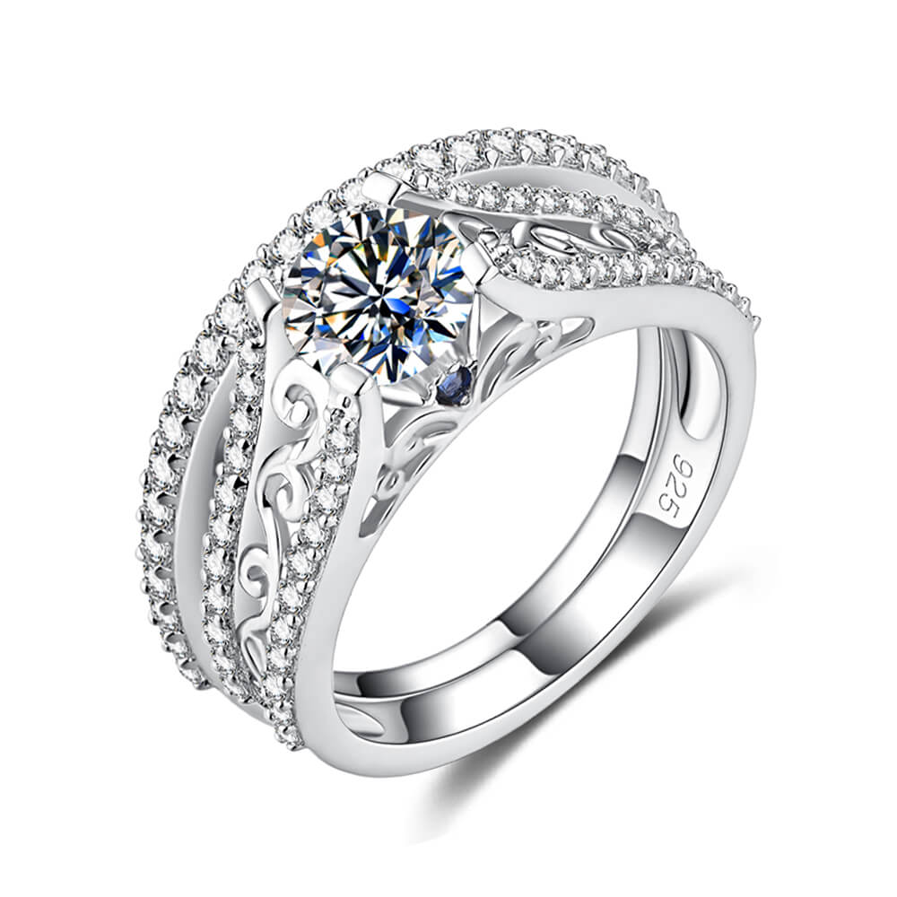 Double Shank Filigree Moissanite Pave Bridal Engagement Ring Set
