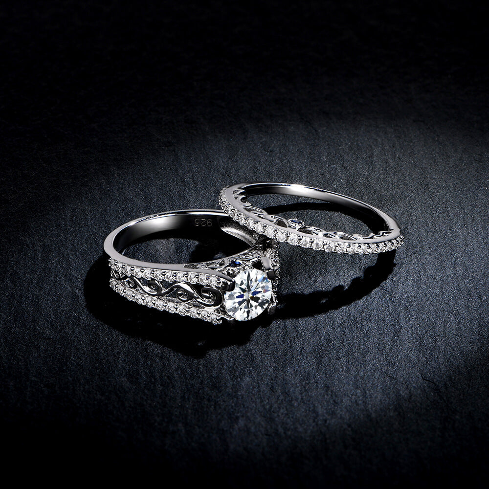 Double Shank Filigree Moissanite Pave Bridal Engagement Ring Set