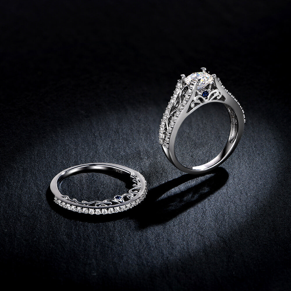 Double Shank Filigree Moissanite Pave Bridal Engagement Ring Set