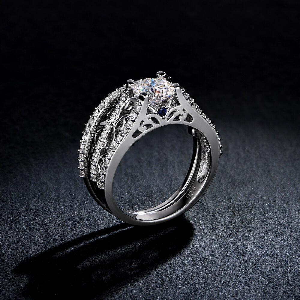 Double Shank Filigree Moissanite Pave Bridal Engagement Ring Set