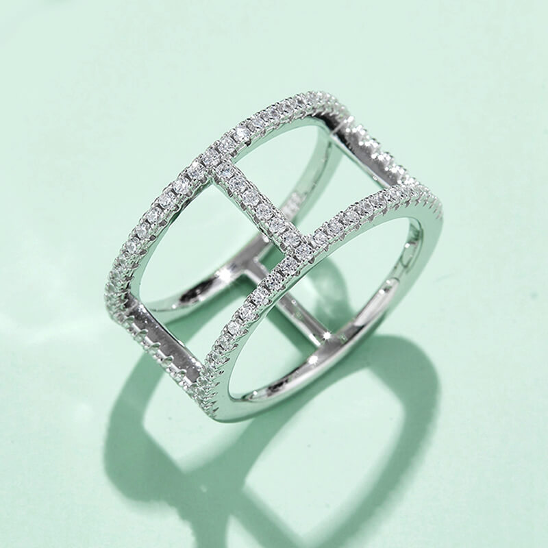 Fashion Geometric Double Shank Moissanite Half Eternity Wedding Band Ring