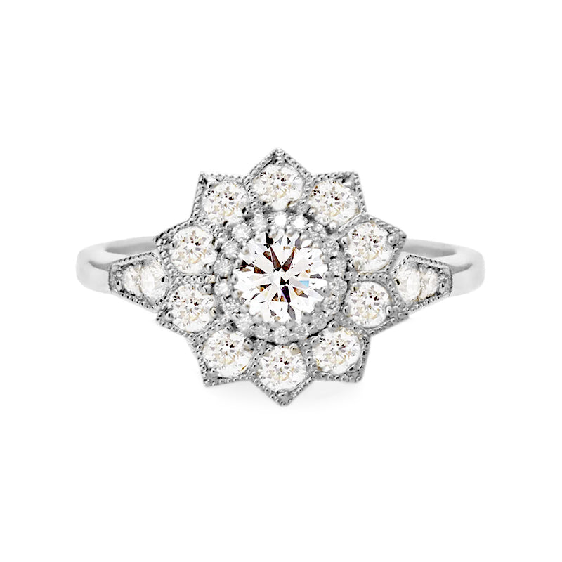 Double Halo Moissanite Floral Style Cluster Engagement Ring