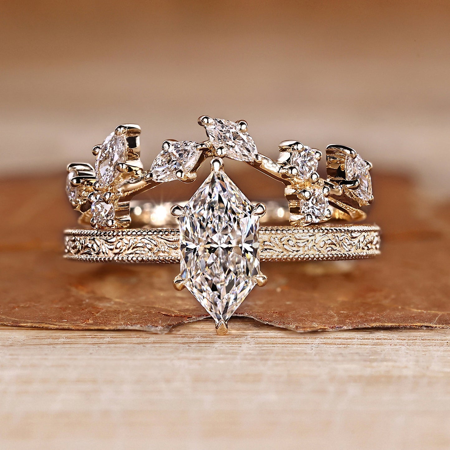 Dutch Marquise Wedding Ring in Ocean Waves Style