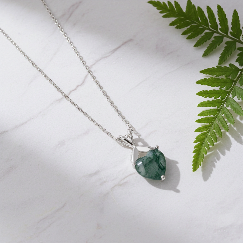 Heart Cut Moss Agate Classic Necklace for Girlfriend - Bryony
