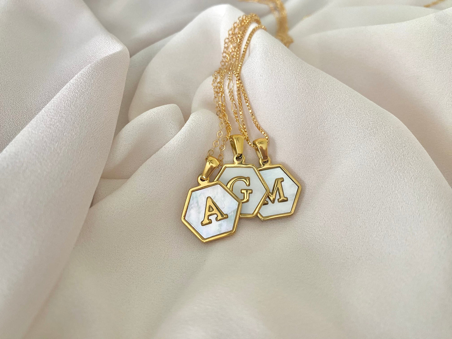 Gold Hexagon Mother of Pearl Letter Pendant Necklace - Gold Filled Chain - Customizable Gifts