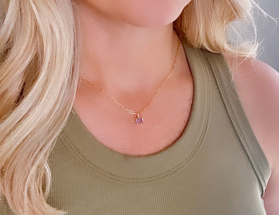 Dainty Amethyst Pendant Necklace - February Birthstone - Prong Setting - Gold Filled Chain