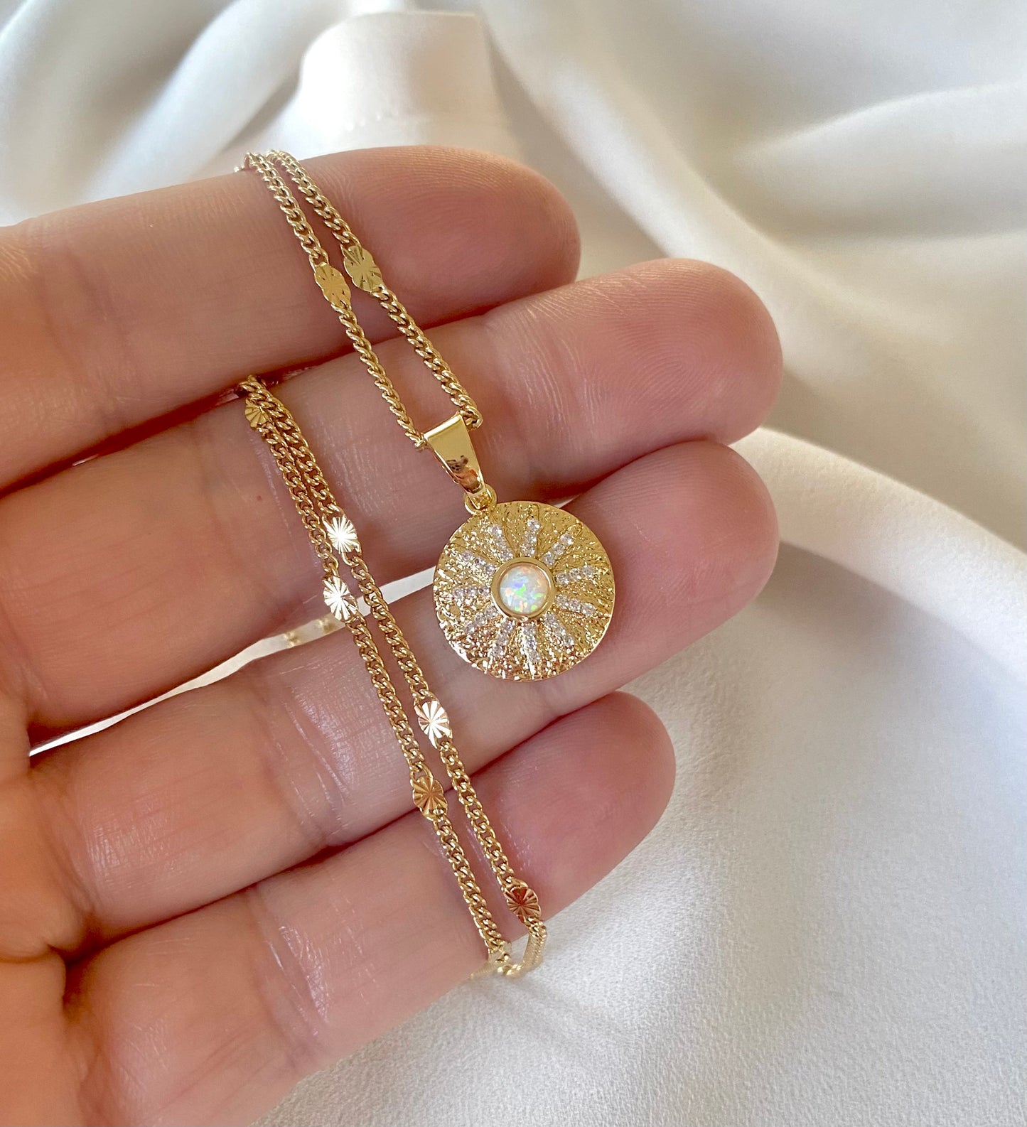 Opal Necklace Opal Coin Pendant Necklace October Birthstone Gold Filled Genuine Opal Charm Crystal Medallion Necklace Minimalist Jewelry