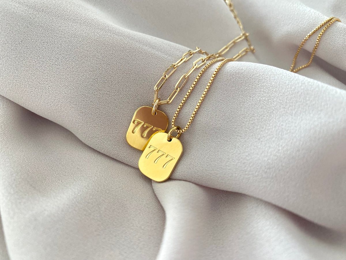 Gold Filled 777 Pendant Necklace Chunky Box Chain Thick Paperclip Necklace Religious Pendant Angel Necklace Numbers Charm Meaningful Gifts