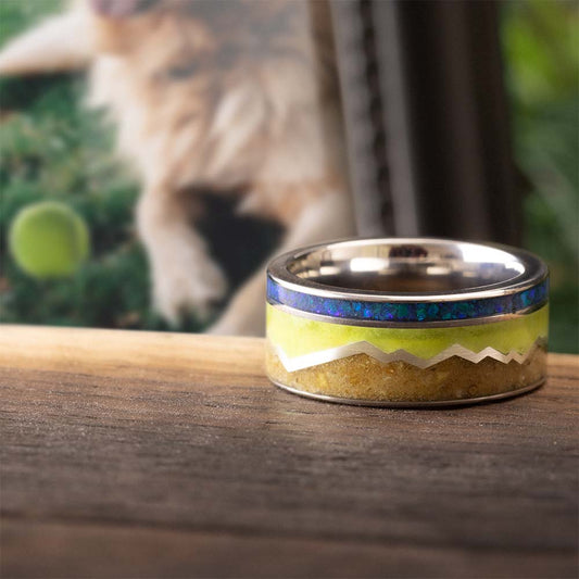 Unique Memorial Ring with Tennis Ball and Mountain Profile