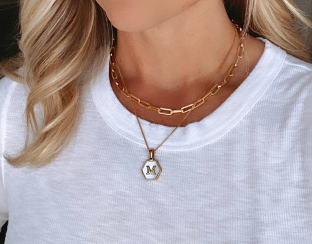 Gold Hexagon Mother of Pearl Letter Pendant Necklace - Gold Filled Chain