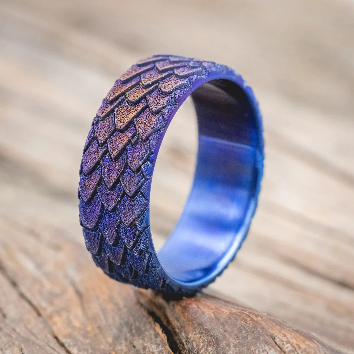 "Echo" - Fire-Treated Titanium Embossed 3D Dragon Scale Wedding Band - Titanium (8mm) - Size 10