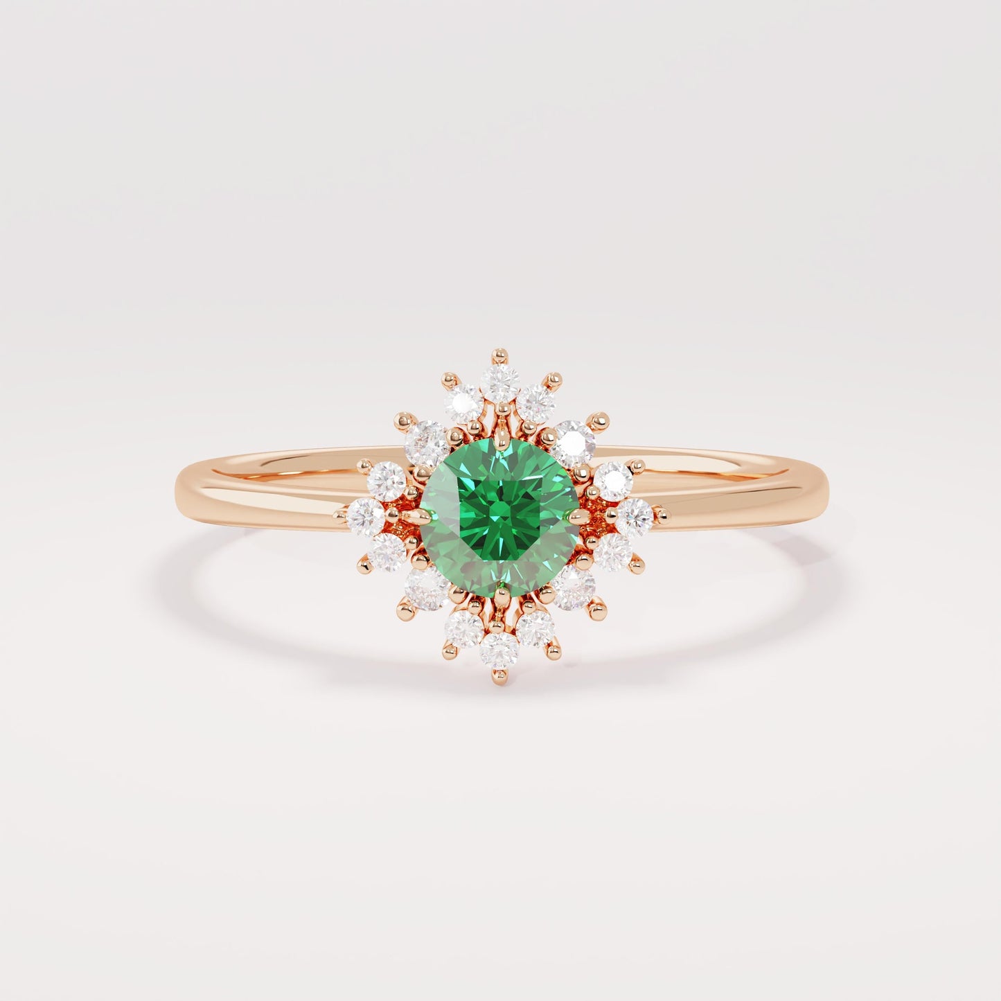 14k Solid Gold Emerald Diamond Halo Ring | Dainty Green Flower Solitaire Ring | Tiny Promise Ring for Women