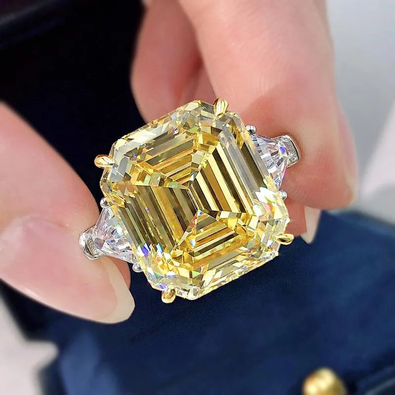 Deluxe Assher Cut 12.0ct Yellow Stone Three Stone Engagement Ring In Sterling Silver