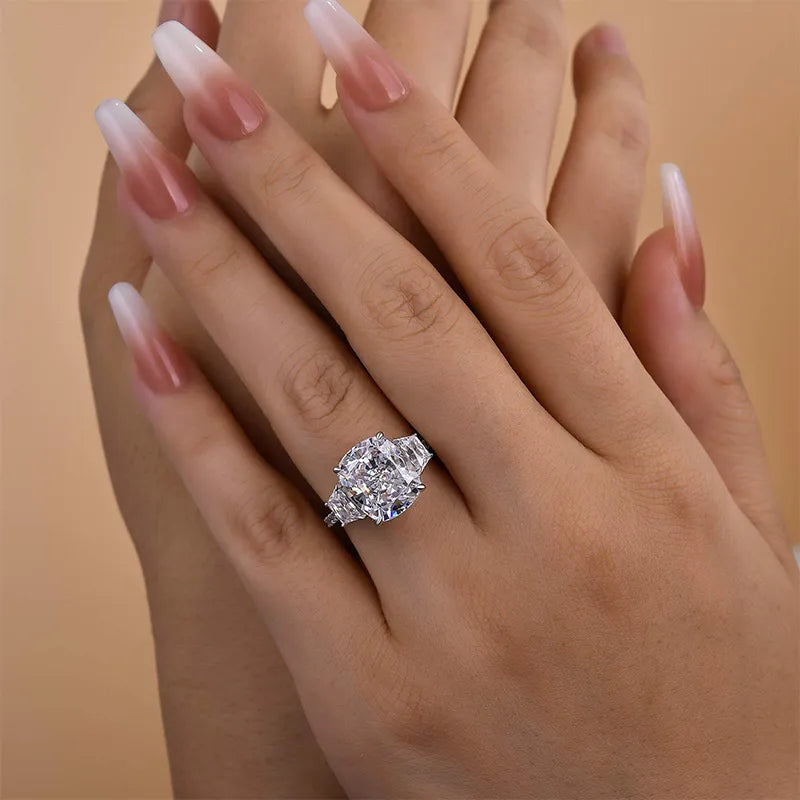 Gorgeous Cushion Cut 5.0ct Three Stone Engagement Ring In Sterling Silver