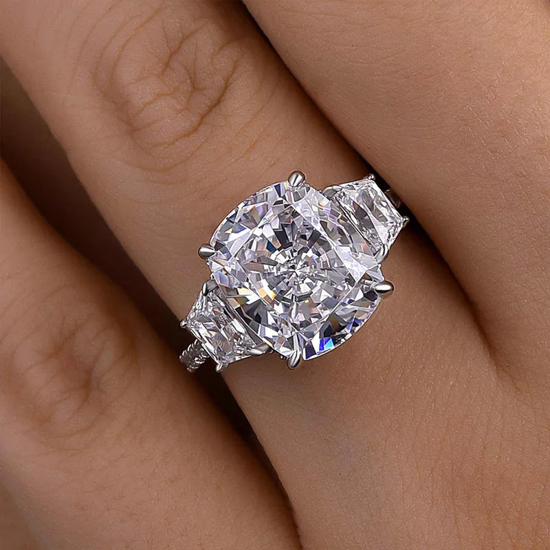 Gorgeous Cushion Cut 5.0ct Three Stone Engagement Ring In Sterling Silver