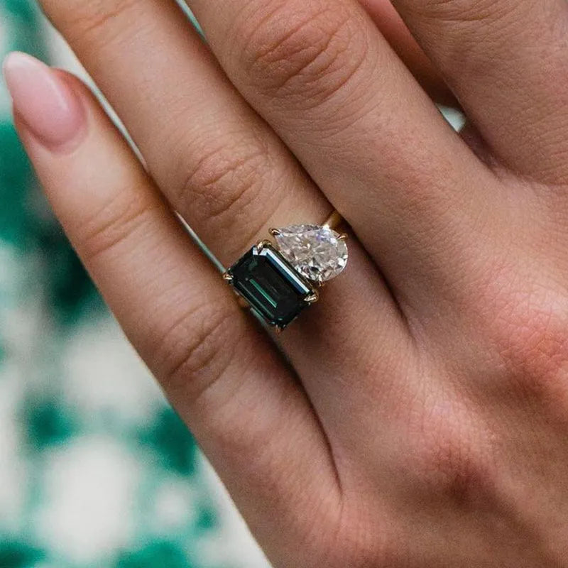 Regal Emerald Cut 2.5ct & Pear Cut 1.8ct Engagement Ring In Sterling Silver