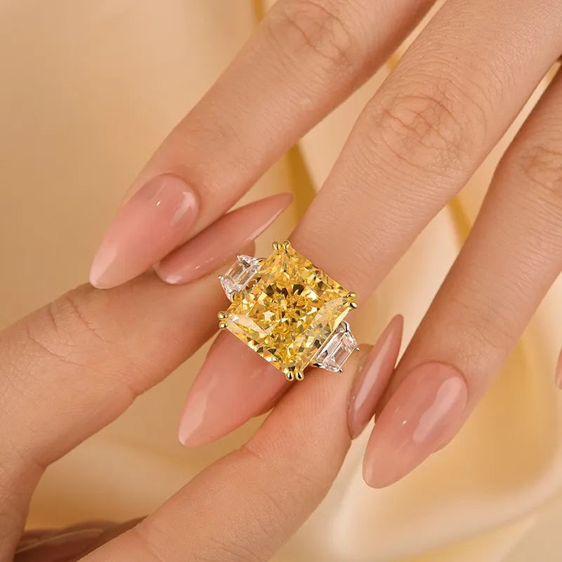 Exquisite Three Stone Radiant Cut 12.0ct Engagement Ring In Sterling Silver