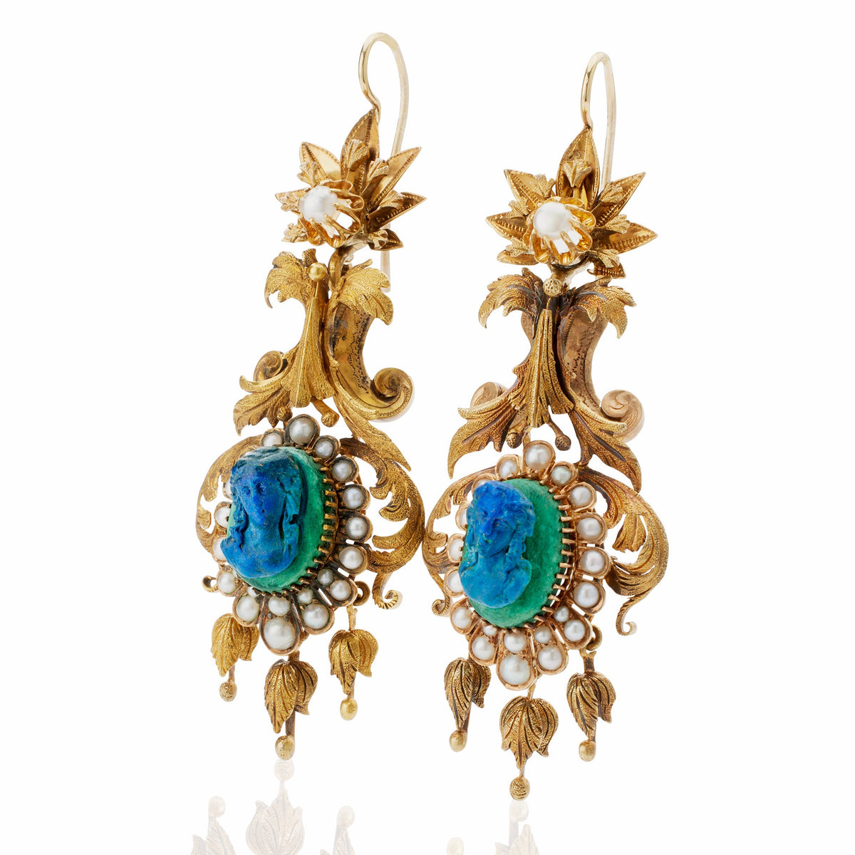 1840s Azurmalachite Cameo Pendant Earrings