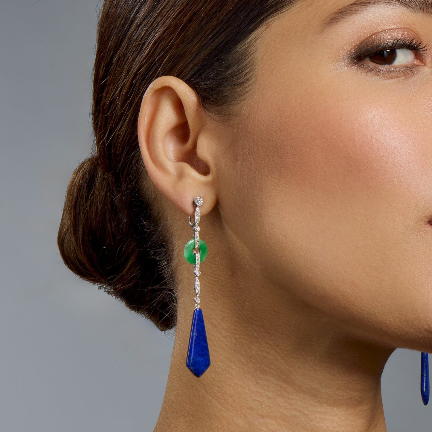 French Art Deco Lapis, Jadeite and Diamond Pendant Earrings