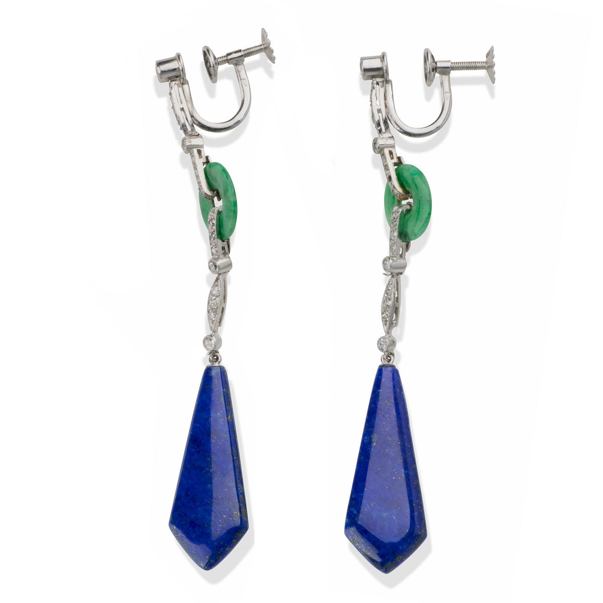 French Art Deco Lapis, Jadeite and Diamond Pendant Earrings