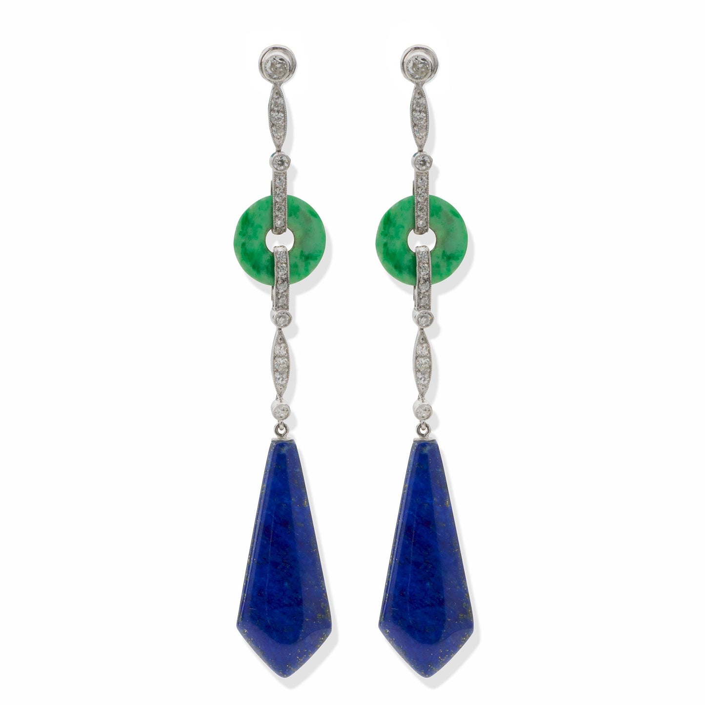 French Art Deco Lapis, Jadeite and Diamond Pendant Earrings