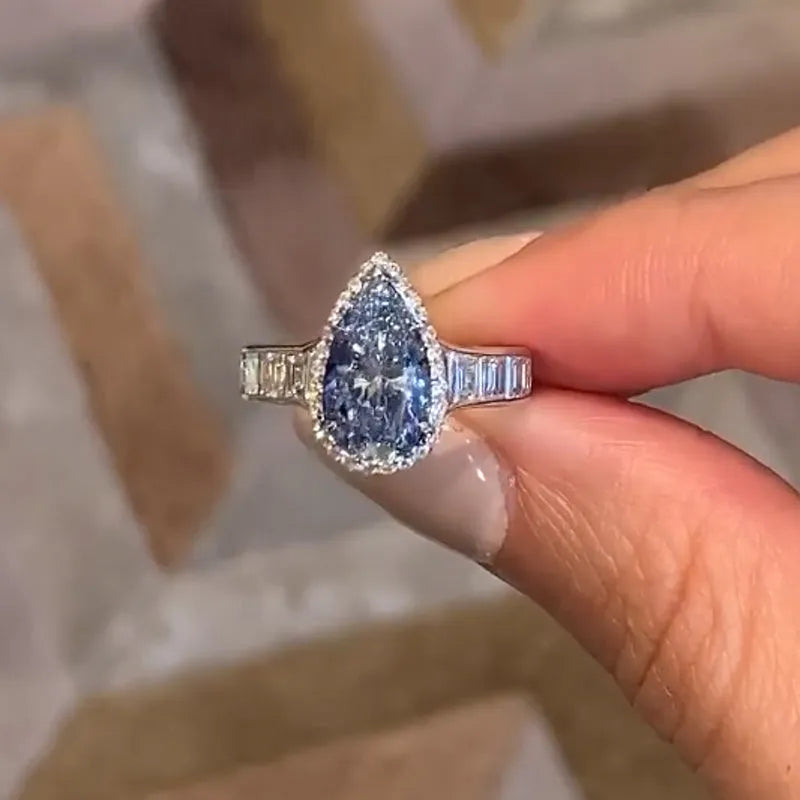 Polished Pear Cut 3.0ct Aquamarine Blue Pave Engagement Ring In Sterling Silver