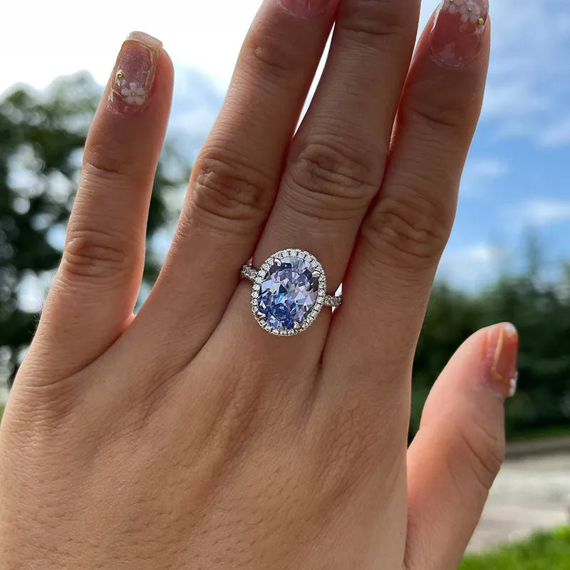 Gorgeous Oval Cut 3.5ct Aquamarine Blue Halo Design Engagement Ring In Sterling Silver