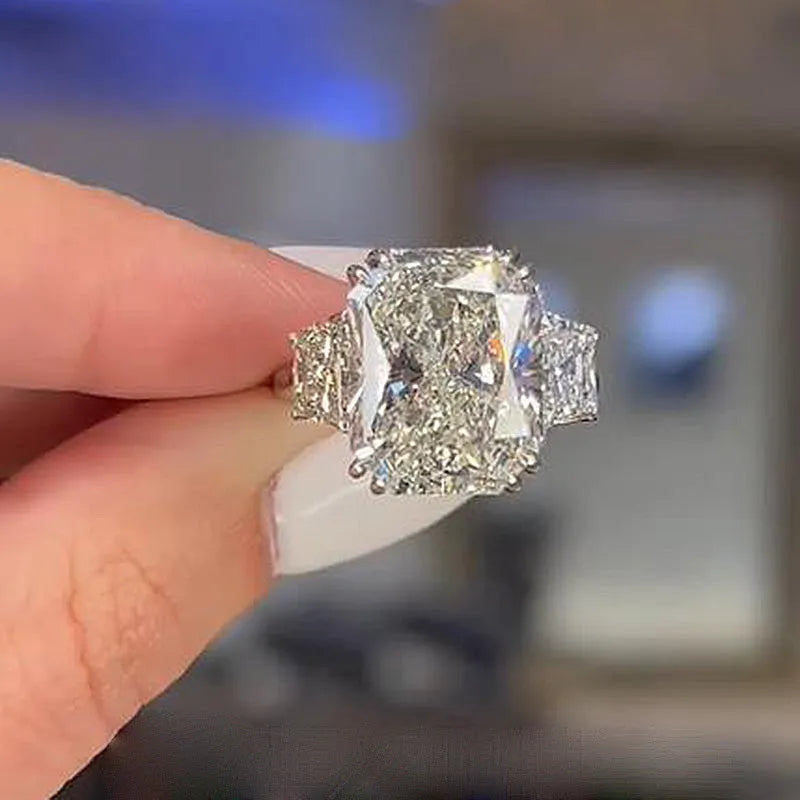 Glazed Radiant Cut 8.0ct Three Stone Engagement Ring In Sterling Silver