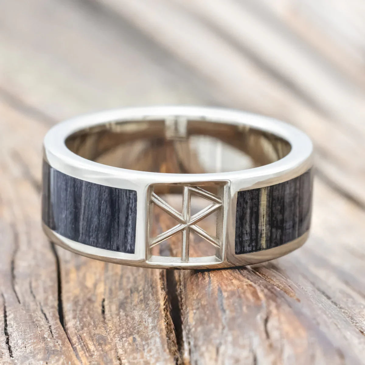 "Erik" - Grey Birch Wood Wedding Band With Love Bind Rune Cutout - 14K White Gold (8mm) - Size 8 3/4