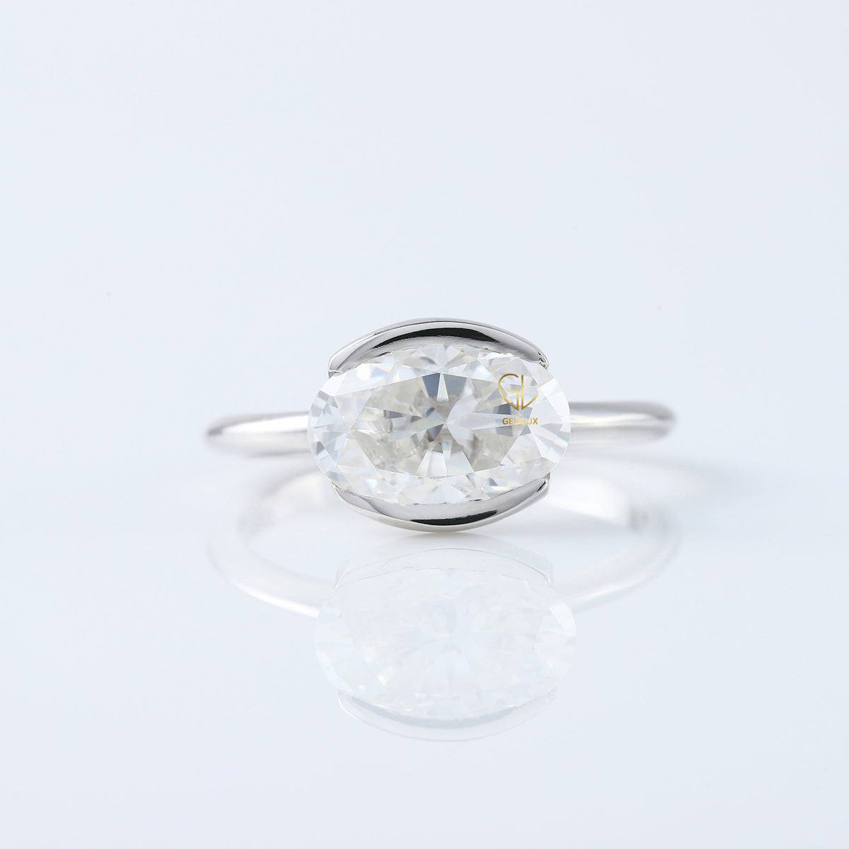 East West Oval Lab Grown Diamond Solitaire Ring - Half Bezel