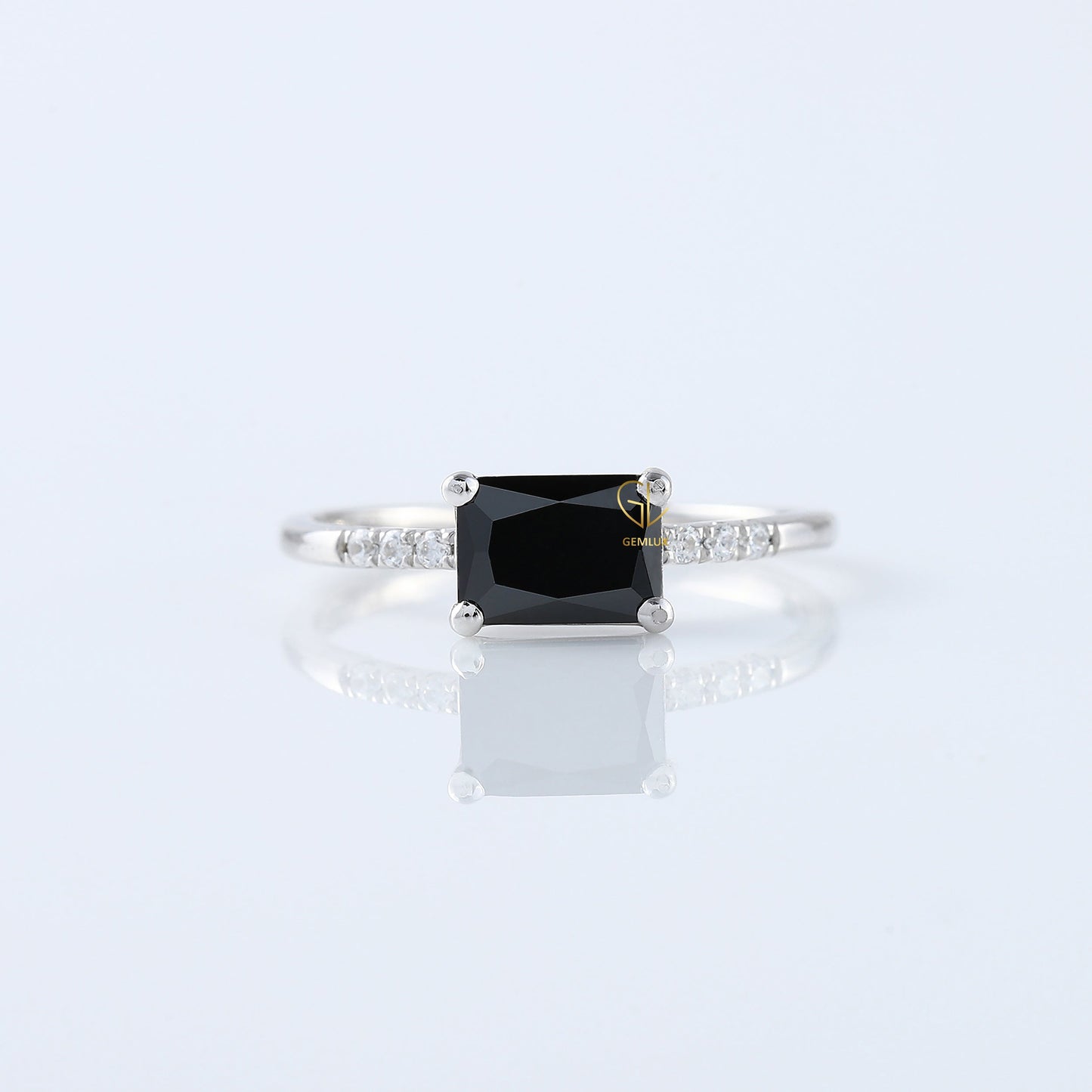 East to West 1.5 Ct Radiant Cut Black Moissanite Solitaire With Accent Ring