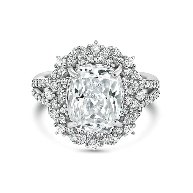Elegant Elongated Cushion Moissanite Split Shank Pave Engagement Ring