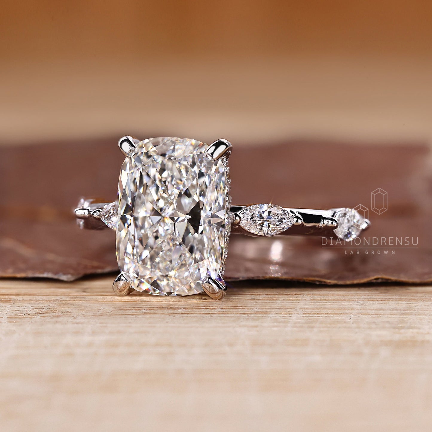 Elongated Cushion Cut Diamond Ring in Distance Pave Setting