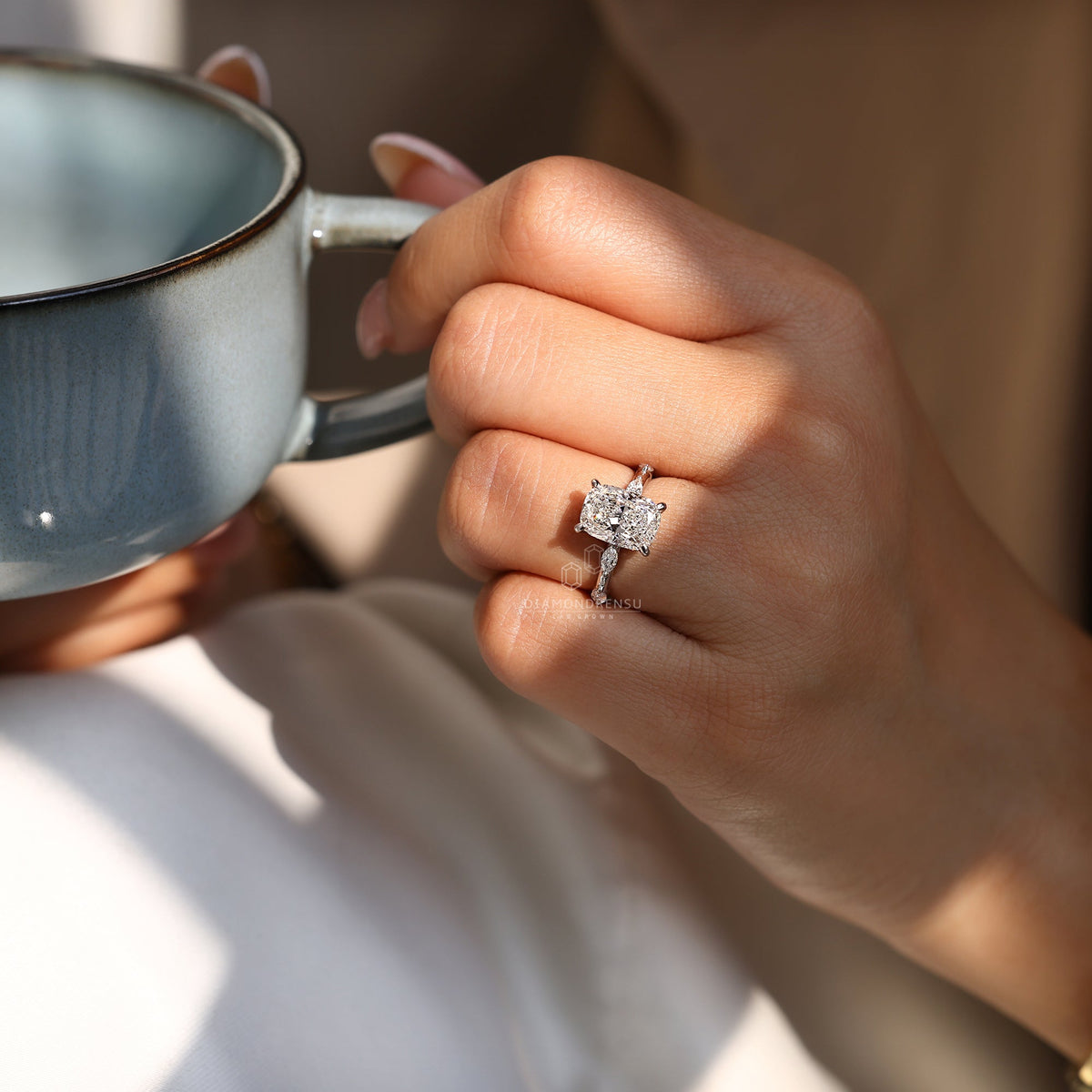 Elongated Cushion Cut Diamond Ring in Distance Pave Setting