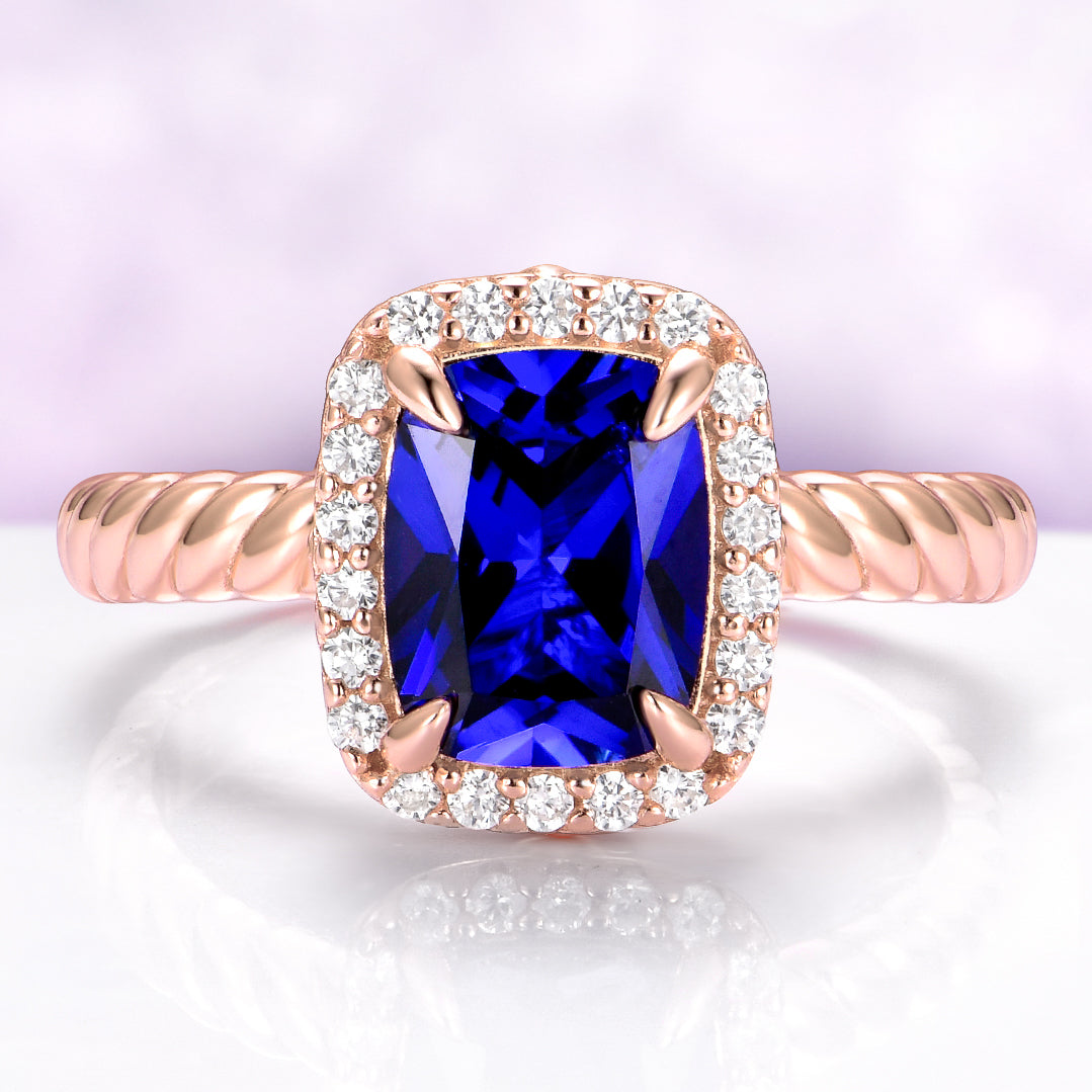 Elongated Cushion Blue Sapphire Ring in 14K Rose Gold Vermeil