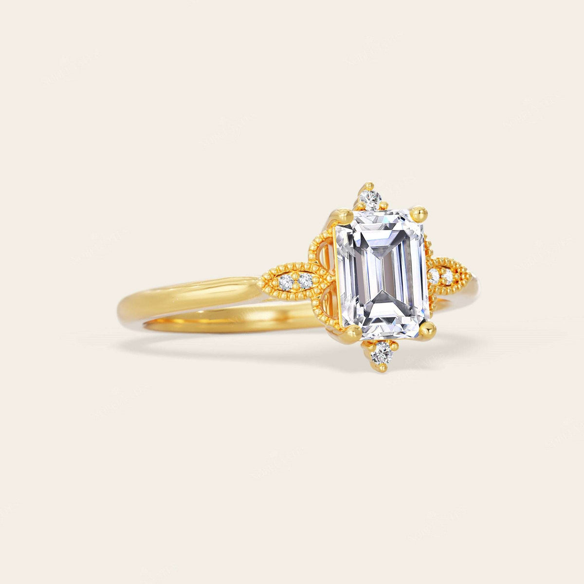 Emerald Cut Lab Diamond IGI Certified Art Deco Engagement Ring