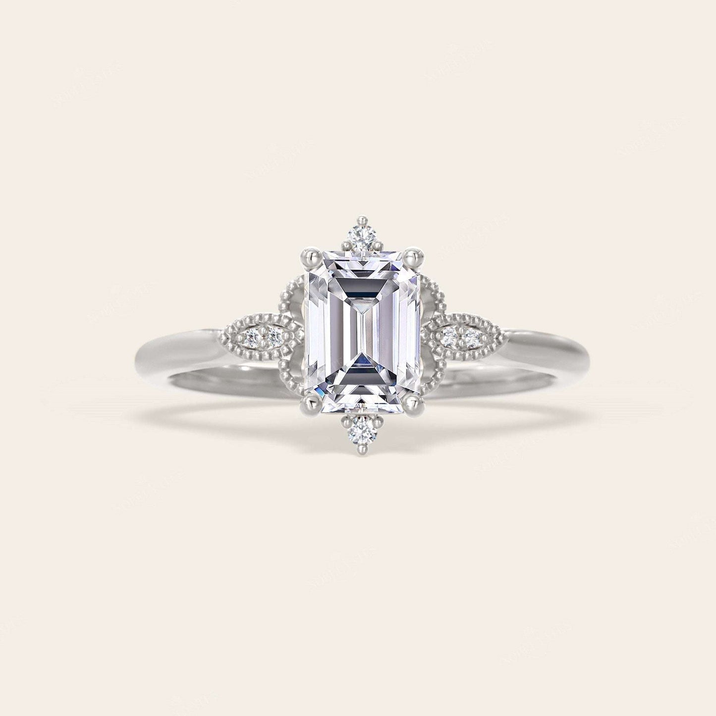 Emerald Cut Lab Diamond IGI Certified Art Deco Engagement Ring