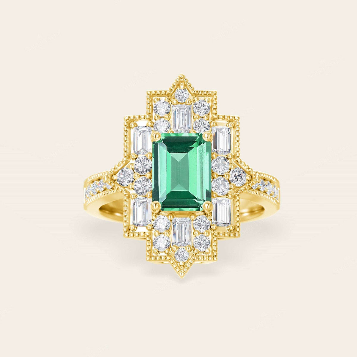 Emerald Cut Lab Green Sapphire & Lab Diamond Art Deco Mosaic Ring
