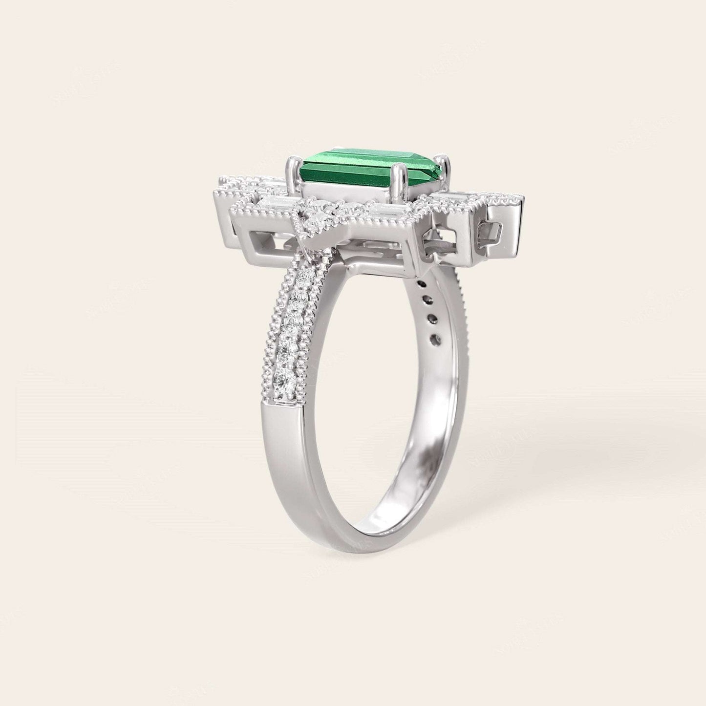 Emerald Cut Lab Green Sapphire & Lab Diamond Art Deco Mosaic Ring