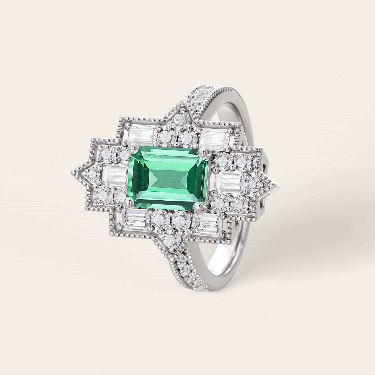 Emerald Cut Lab Green Sapphire & Lab Diamond Art Deco Mosaic Ring