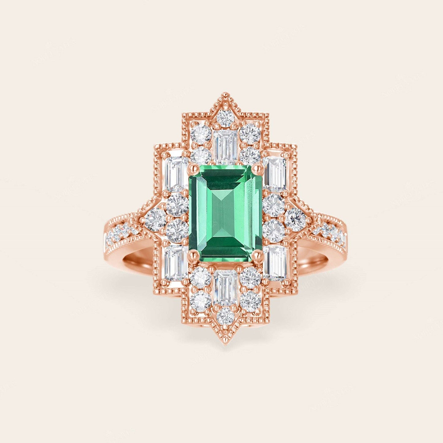 Emerald Cut Lab Green Sapphire & Lab Diamond Art Deco Mosaic Ring