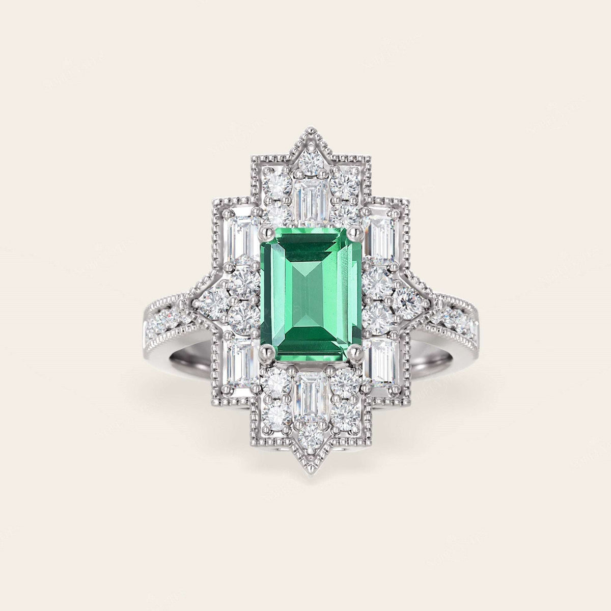 Emerald Cut Lab Green Sapphire & Lab Diamond Art Deco Mosaic Ring