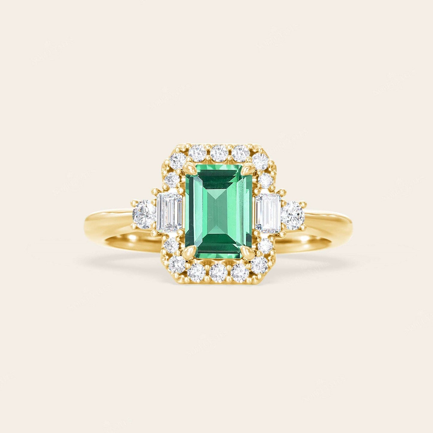 Emerald Cut Lab Green Sapphire & Lab Diamond Vintage Engagement Ring