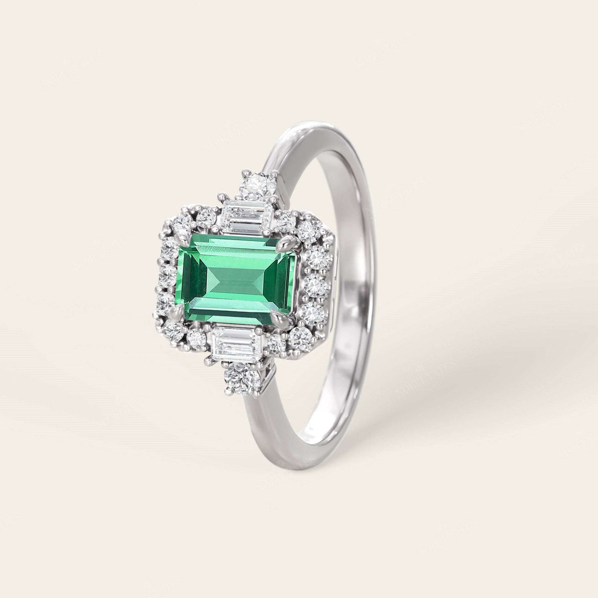 Emerald Cut Lab Green Sapphire & Lab Diamond Vintage Engagement Ring