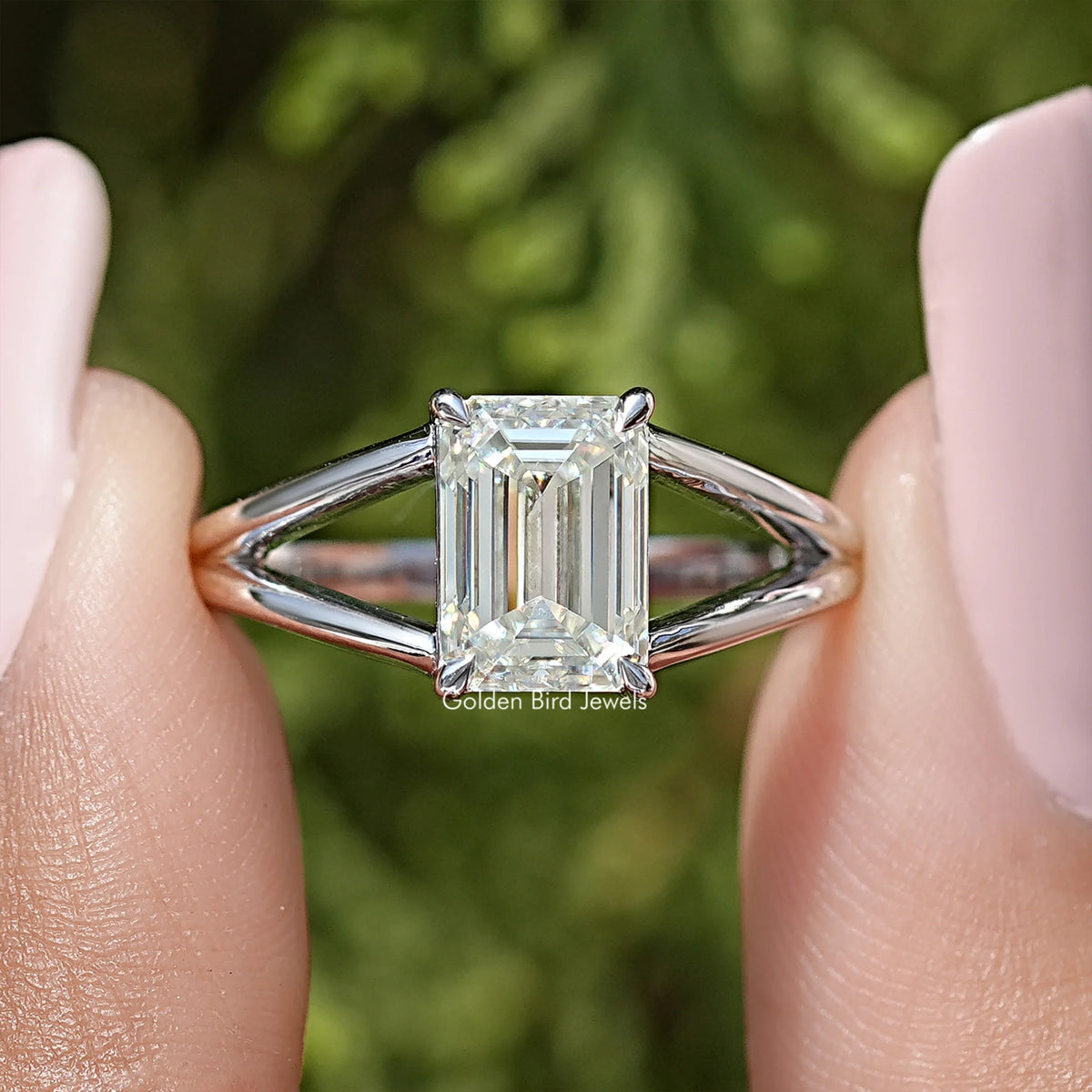 Emerald Cut Moissanite Split Shank Ring