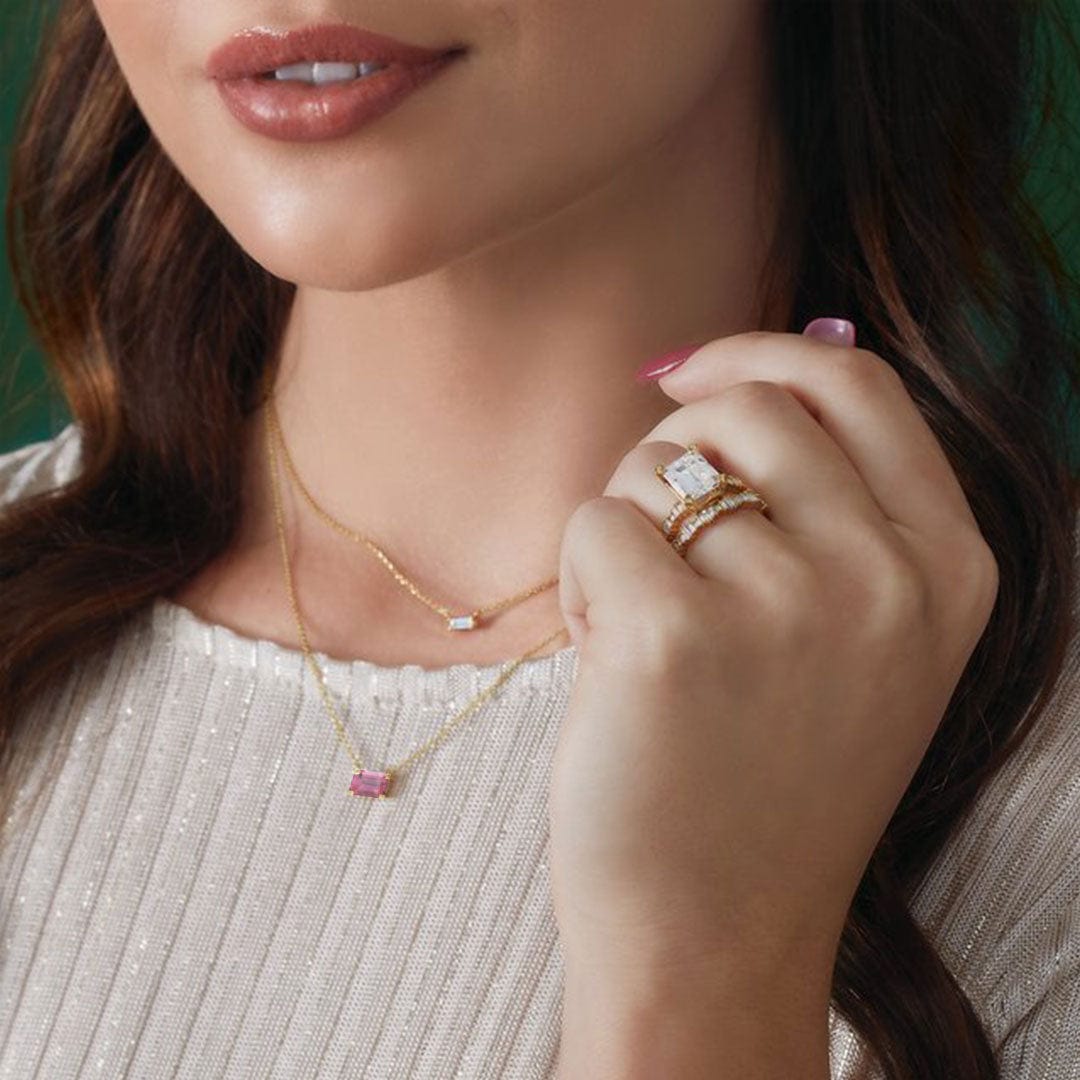 Emerald Cut Pink Tourmaline  Prong Set Pendant Necklace