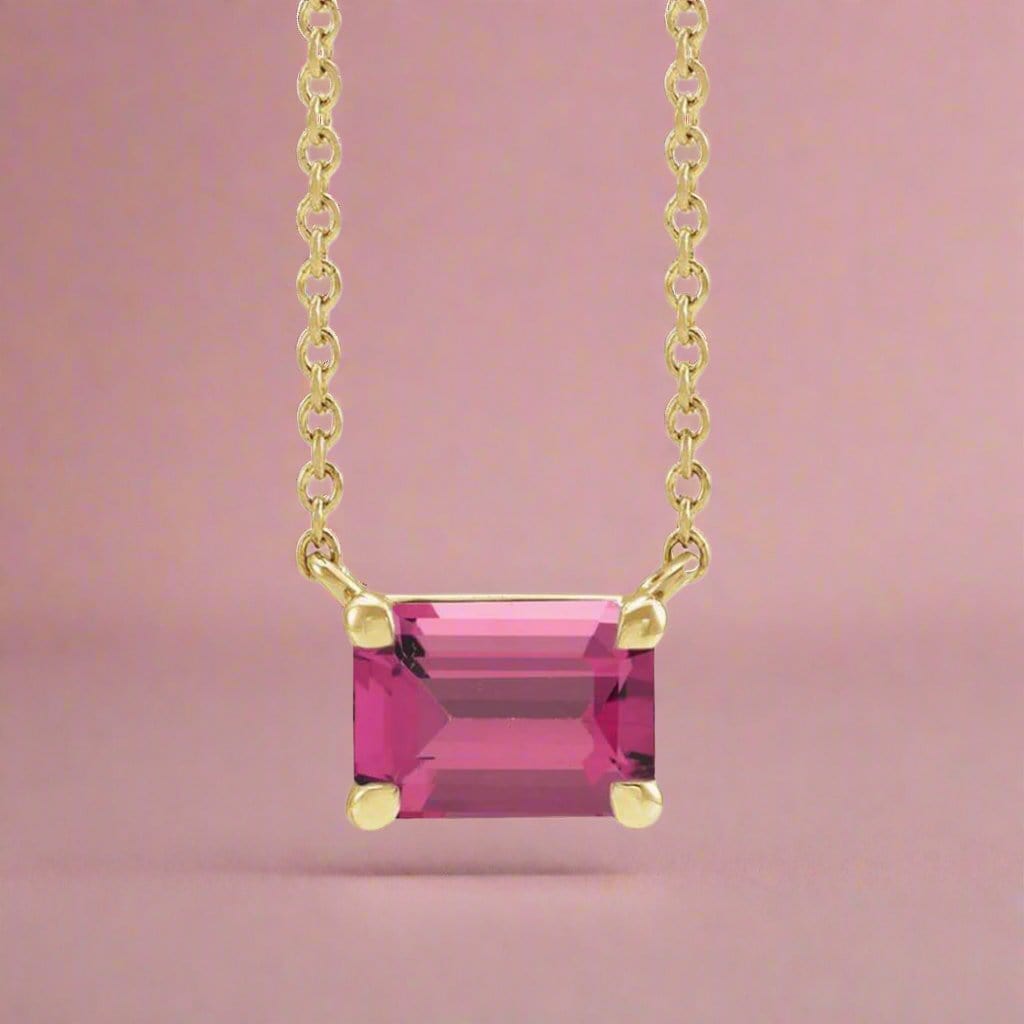 Emerald Cut Pink Tourmaline  Prong Set Pendant Necklace