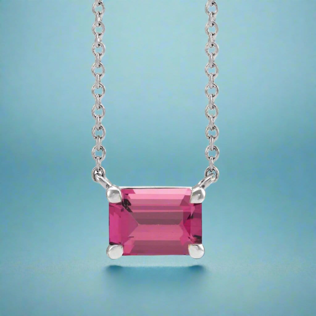 Emerald Cut Pink Tourmaline  Prong Set Pendant Necklace