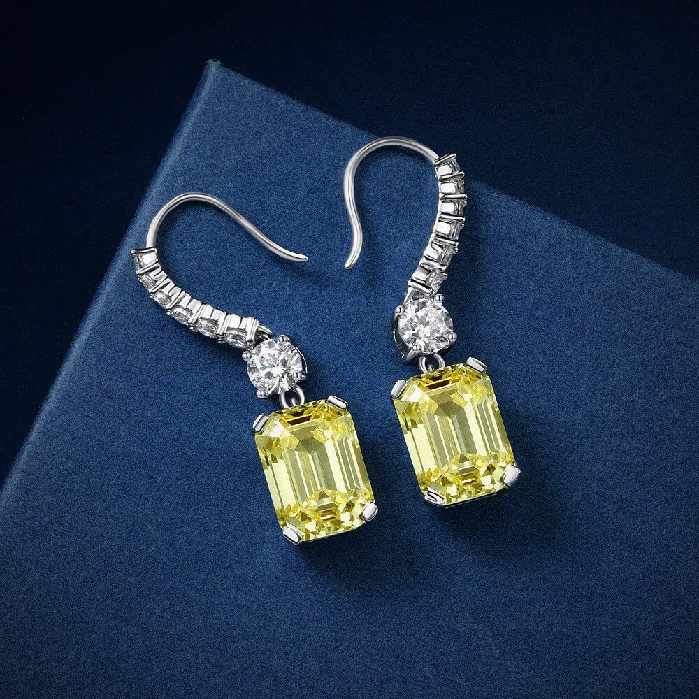Emerald-Cut Lab-Sapphire Sterling Silver Drop Earrings