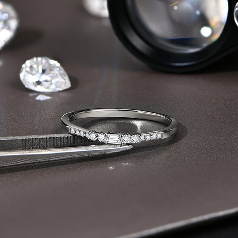 Emerald-Cut Moissanite Side Stone Pave Wedding Band Ring